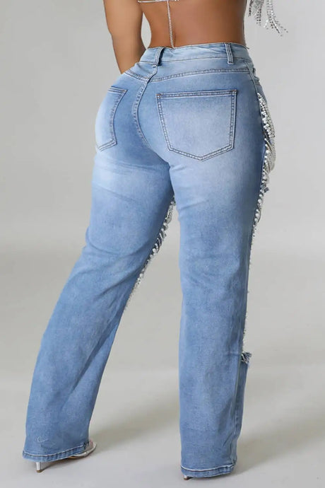 Women Plus Size Pearls Jeans Casual Vintage Cutout High Waist Y2K Streetwear Pearls Denim Jeans Pockets Slim Denim Trousers - Lootquake