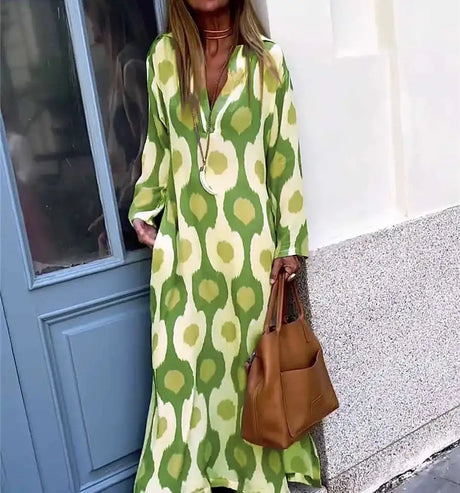 Bohemian Casual Print V-neck Long Dress Spring Autumn Vintage Mosaic Print Maxi Dress Loose Long Sleeve Holiday Dresses Vestido - Lootquake