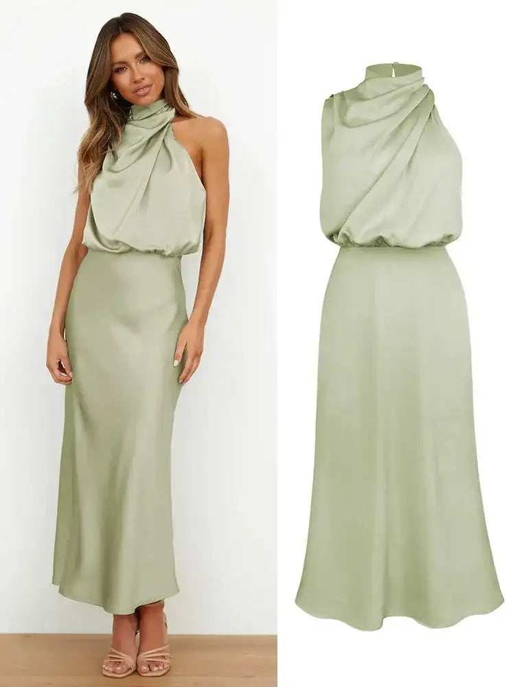 Vestido largo sin mangas de satén de seda de alta gama de verano para mujer, elegante vestido de noche para celebridades, ropa de fiesta para mujer