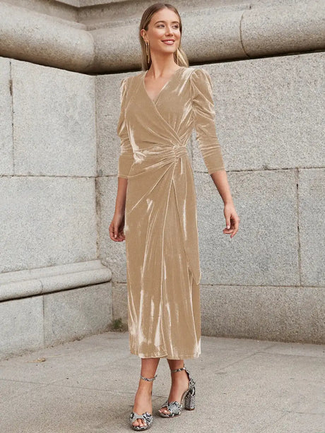 Elegant Solid Velvet Long Dress Women V-neck Wrap Long Sleeve High Waist Ruched Lace-up Birthday Dress Evening Sexy Party Vestid - Lootquake