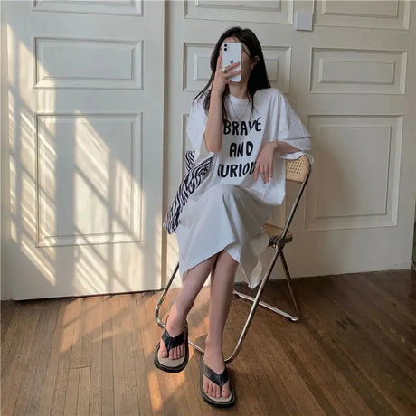 Harajuku Graphic White Long Dress Woman Clothing Y2k Casual Short Sleeve O-Neck Korean Fashion Summer Womens Loose Dresses 2024 - Lootquake
