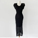 Summer High Quality Korean Simple Hollow Out Vest Knit Sweater Dress Women Japanese Gentle V-Neck Slim Elastic Knit Long Dress - Lootquake