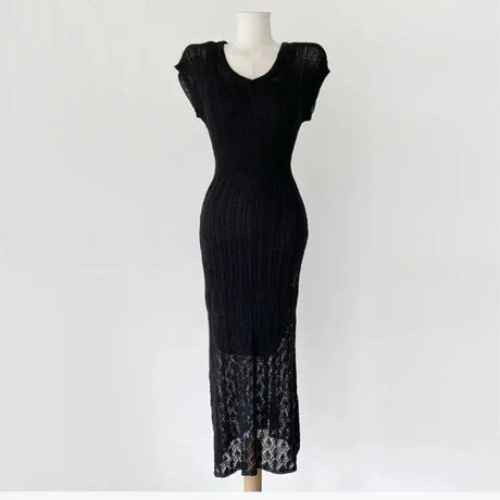 Summer High Quality Korean Simple Hollow Out Vest Knit Sweater Dress Women Japanese Gentle V-Neck Slim Elastic Knit Long Dress - Lootquake