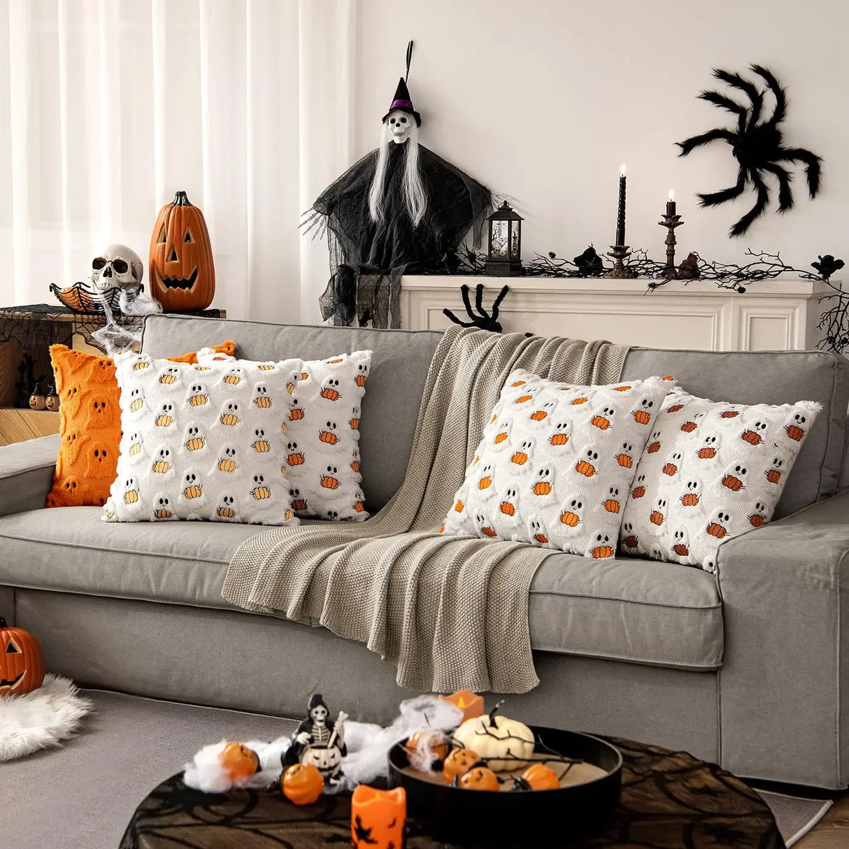 Halloween Decor for Bedroom Bed Living Room Sofa Cushion Cover White45X45CMCute Ghost Pumpkin Plush Faux Fur Pillow Covers Soft