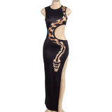 Tossy Python Printed Hollow Out Maxi Dress Female Slim Sexy Side Split Sleeveless Contrast Summer Party Dress Women's Long Dress - Lootquake
