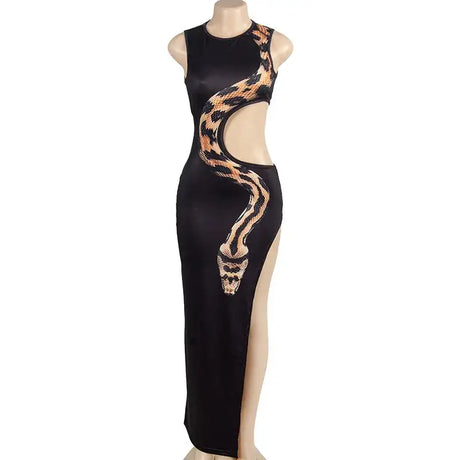 Tossy Python Printed Hollow Out Maxi Dress Female Slim Sexy Side Split Sleeveless Contrast Summer Party Dress Women's Long Dress - Lootquake