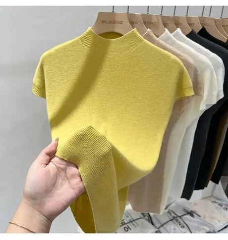 Half High Collar T-shirts Flying Sleeve Design Slim Knitted Sleeveless Top Women Simple Comfortable White T-shirts Summer 2025 - Lootquake