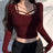 Women Sexy Wine Red T-shirt Sexy Hollow Out Low Chest Top New Streetwear Fashion Long Sleeves Casual Slim Lady Knitted Tees Top - Lootquake