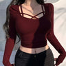Women Sexy Wine Red T-shirt Sexy Hollow Out Low Chest Top New Streetwear Fashion Long Sleeves Casual Slim Lady Knitted Tees Top - Lootquake