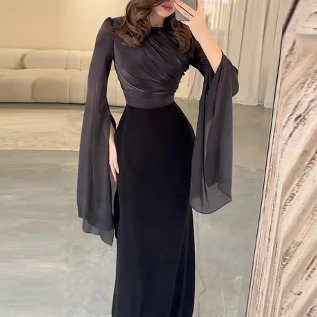 Fashion Satin Solid Robe Dress Ladies Temperament O-neck Slim Evening Dress Elegant Batwing Sleeves High Waist Pleats Long Dress - Lootquake