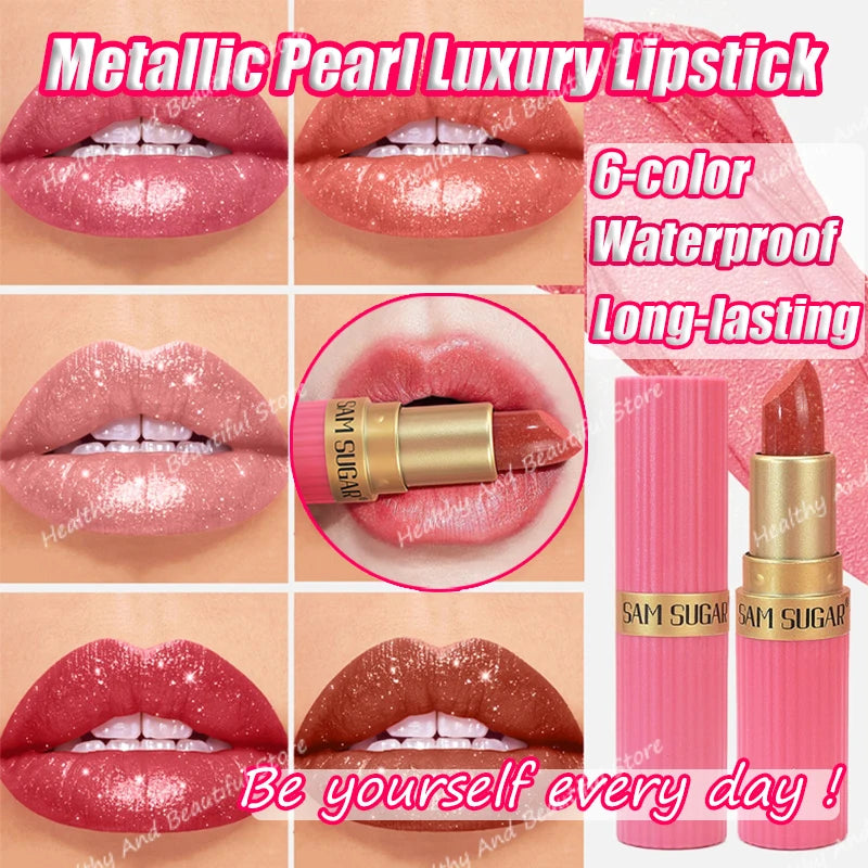 Metallic Pearl Diamond Luxury Lipstick Makeup 6-color Waterproof Long-lasting Sparkling Matte Lip Gloss Daily Beauty Accessories
