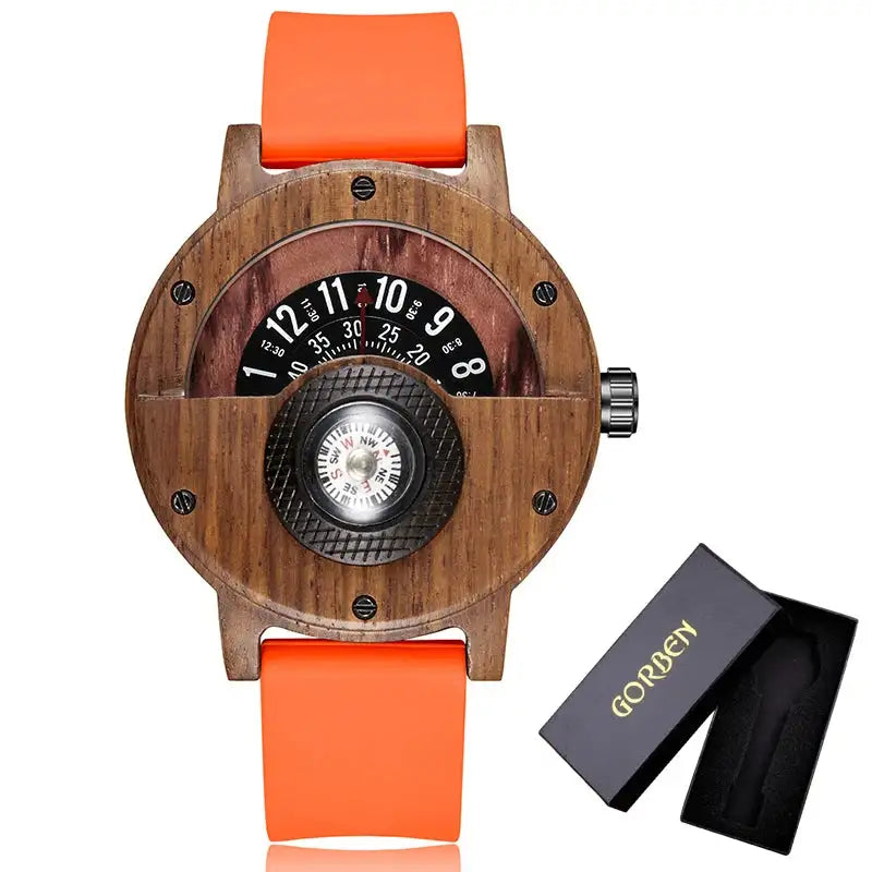 Reloj de madera natural para hombre, con brújula y esfera giratoria, de madera de nogal, ébano y bambú, de cuarzo, color marrón