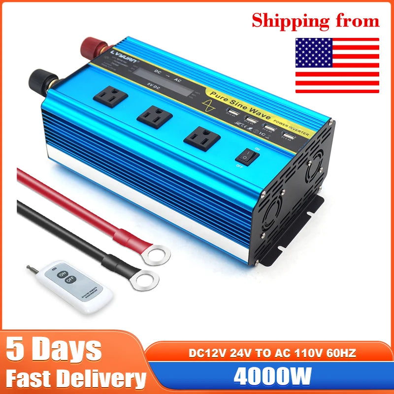 4000W Pure Sine Wave Inverter DC 12v/24v To AC 110v 60HZ Voltage Converter Car Solar Power Inverter
