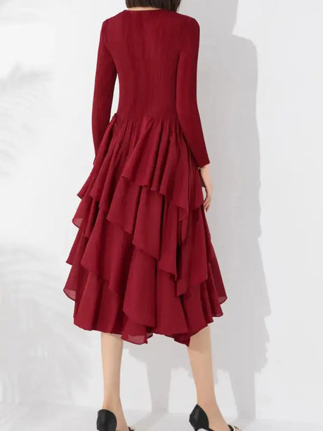 LANMREM Elegant Pleated Long Dress For Women Round Neck Long Sleeves Ruffles A-line Dresses Fashion 2025 Spring New 32C2026 - Lootquake