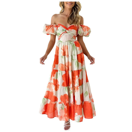 Summer V Neck Cutout Floral Print Dresses Elegant Women Puff Short Sleeve Casual Dress Pleated Waisted Swing Beach Long Dress - Lootquake