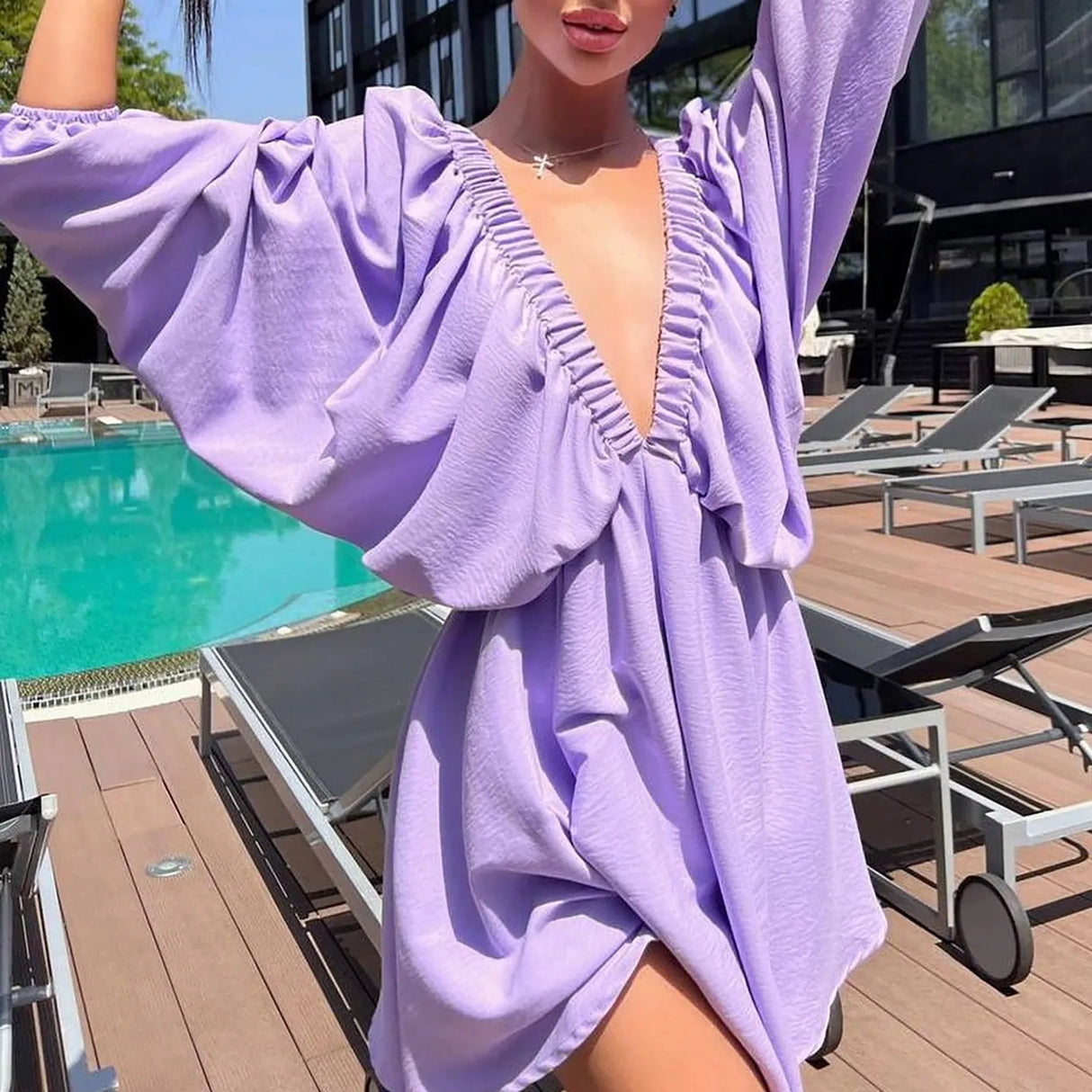 Deep V Neck Sexy Dress Temperament Retro Solid Color Pleated Dress Elegant Long Sleeve Large Size Casual Womens Dresses ropa