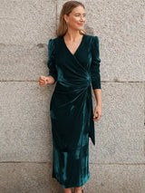 Elegant Solid Velvet Long Dress Women V-neck Wrap Long Sleeve High Waist Ruched Lace-up Birthday Dress Evening Sexy Party Vestid - Lootquake