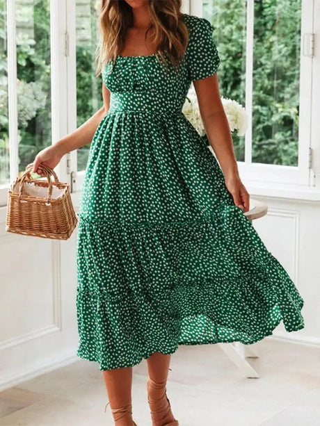 Summer Women Beach Sweet Dresses Vintage Vintage Print Puff Sleeve Casual Square Collar Floral Maxi Long Dress Festa Vestidos - Lootquake
