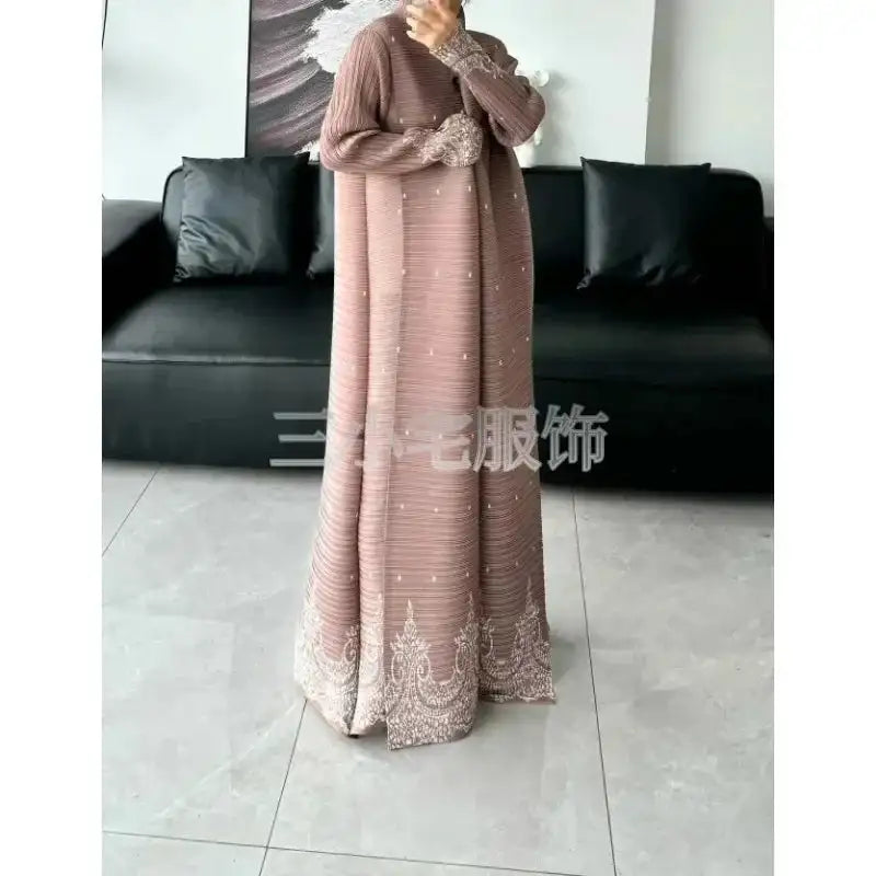 Autumn and Winter New Abaya Fashion Lapel Pleated Long Sleeved Cardigan Windbreaker Jacket Saudi Abayas for Women - Lootquake