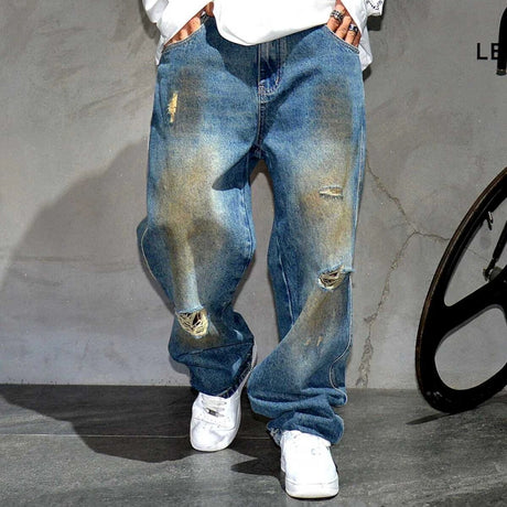 American Vintage Baggy Jeans Mens Clothing High Quality Korean Hip Hop Ripped Jeans Streetwear Skateboard Denim Pants Trousers - Lootquake