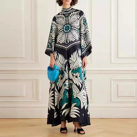 Ethnic Retro Spring Print Boho Long Dress Women Sexy Stand Collar Lace-up Party Dress Fall Long Sleeve Loose Ladies Maxi Dresses - Lootquake