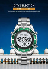 SKMEI 2141 Stainless Steel Digital Watche Muslim Azan Prayer Compass Clock Adhan Alarm Hijri Islamic Wristwatch with Back Light - Lootquake