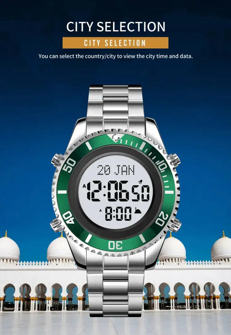 SKMEI 2141 Stainless Steel Digital Watche Muslim Azan Prayer Compass Clock Adhan Alarm Hijri Islamic Wristwatch with Back Light - Lootquake