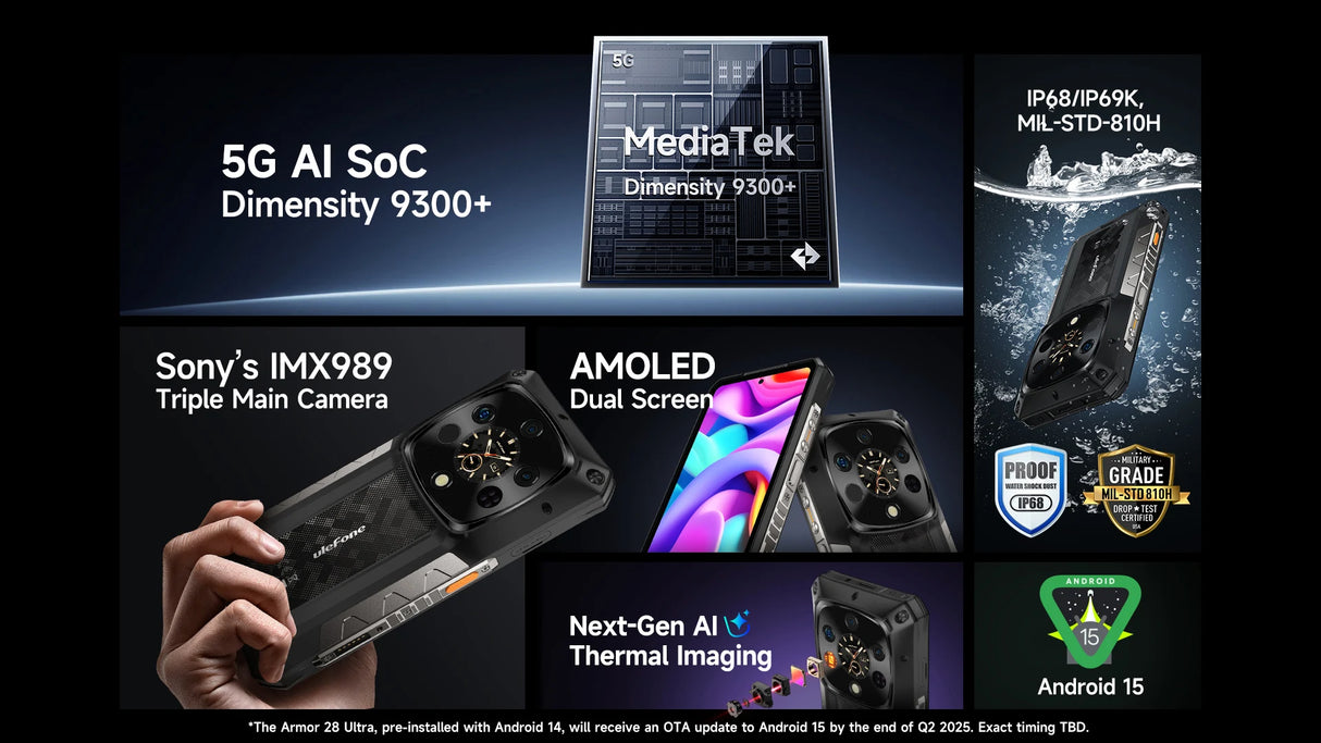 Teléfono robusto Ulefone Armor 28 Ultra 5G con imagen térmica por IA, Dimensity 9300+, 1 TB de ROM, 32 GB de RAM, Android, AMOLED