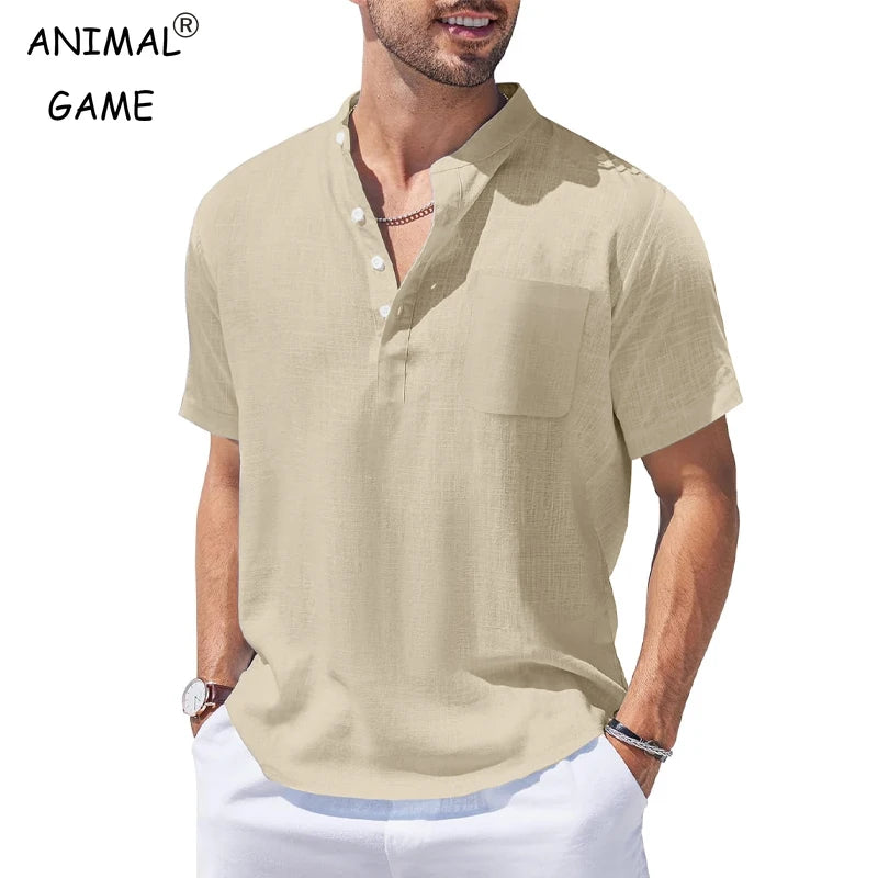 New Mens Henley Short Sleeve Casual Shirt Summer Cotton Shirts Beach Shirts Banded Collar Tshirts lightweight Shirts with Pocket - Lootquake