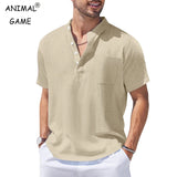 New Mens Henley Short Sleeve Casual Shirt Summer Cotton Shirts Beach Shirts Banded Collar Tshirts lightweight Shirts with Pocket - Lootquake
