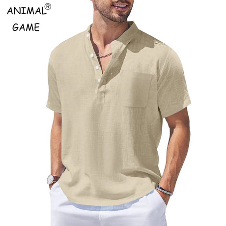 New Mens Henley Short Sleeve Casual Shirt Summer Cotton Shirts Beach Shirts Banded Collar Tshirts lightweight Shirts with Pocket - Lootquake
