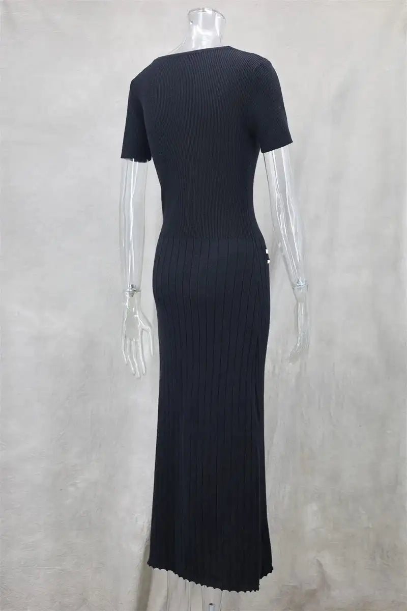 Office Lady Elegant Knitted Long Dress Summer Short Sleelve V Neck Single Breasted Bodycon Dresses Women Party Fashion Vestidos - Lootquake