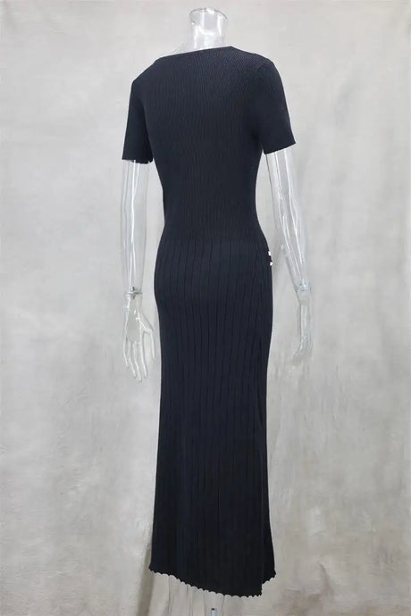 Office Lady Elegant Knitted Long Dress Summer Short Sleelve V Neck Single Breasted Bodycon Dresses Women Party Fashion Vestidos - Lootquake