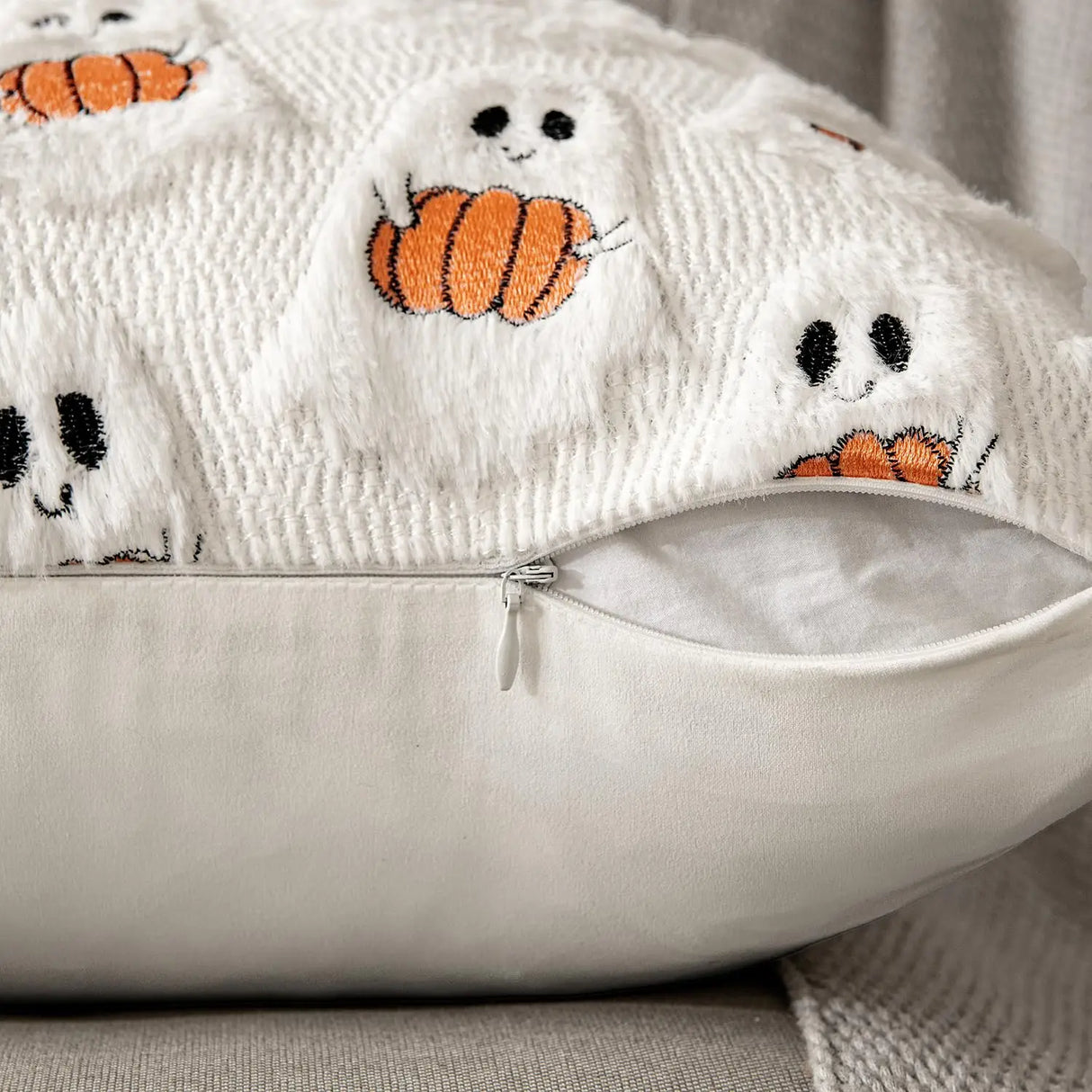 Halloween Decor for Bedroom Bed Living Room Sofa Cushion Cover White45X45CMCute Ghost Pumpkin Plush Faux Fur Pillow Covers Soft