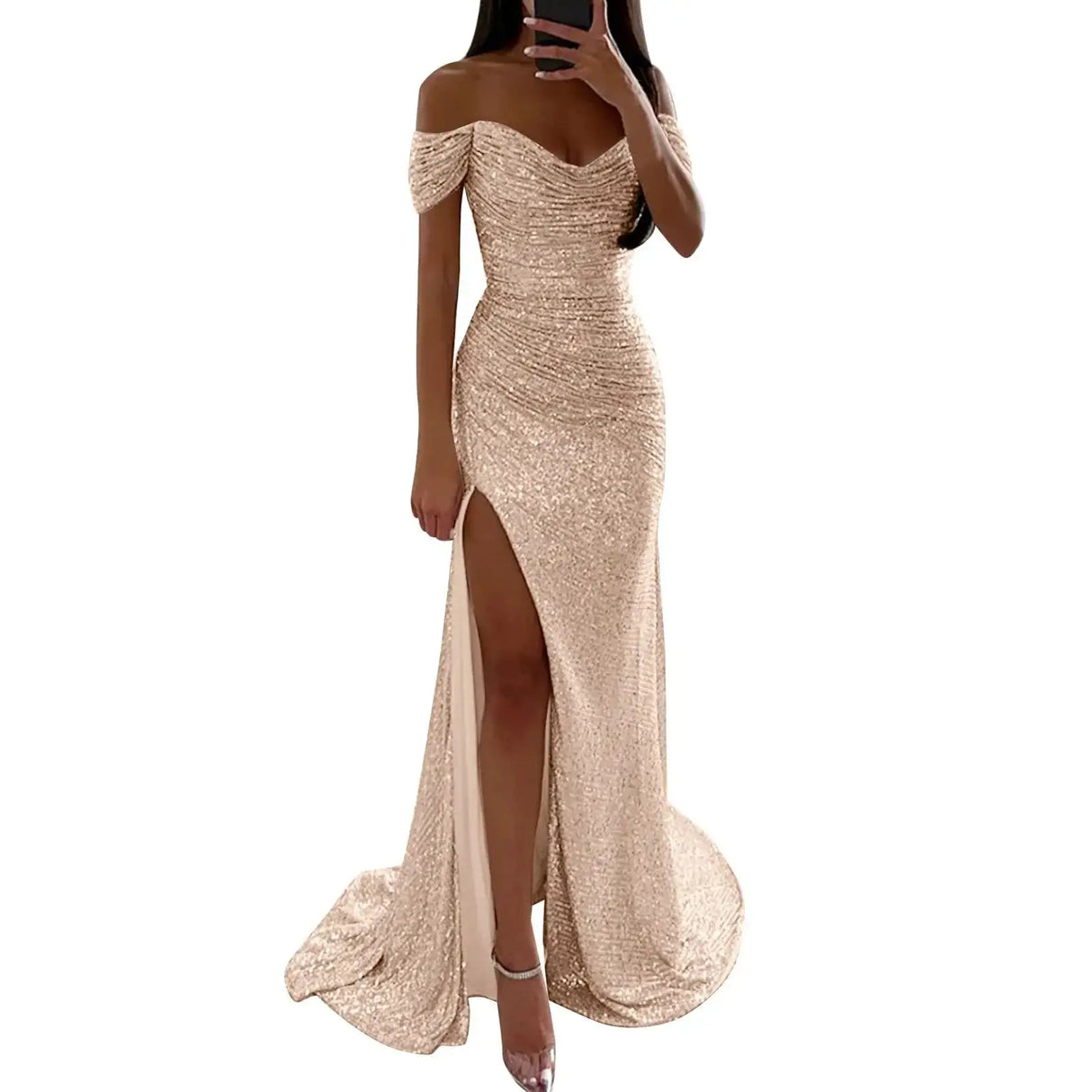 Sexy Sequin Evening Party Prom Long Dress Women Elegant V-Neck Gown Dress Off Shoulder Slim High Split Gown Female Vestidos - Lootquake