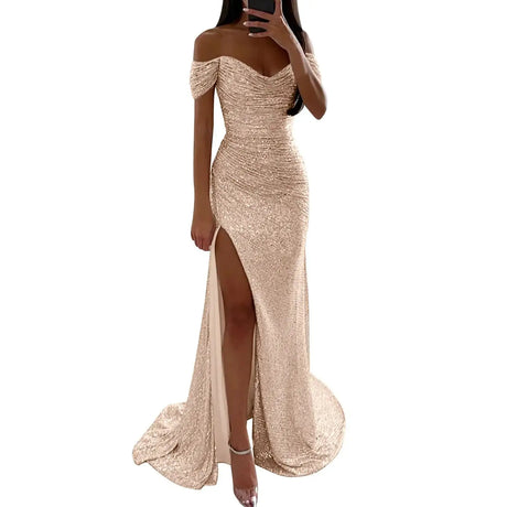 Sexy Sequin Evening Party Prom Long Dress Women Elegant V-Neck Gown Dress Off Shoulder Slim High Split Gown Female Vestidos - Lootquake
