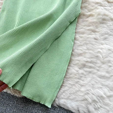 Green 2024 Sexy Summer Knit Short Sleeve Dress Women Squar Collar Waist Bodycon Sundress Female Beach  Backless Long Dress - Lootquake
