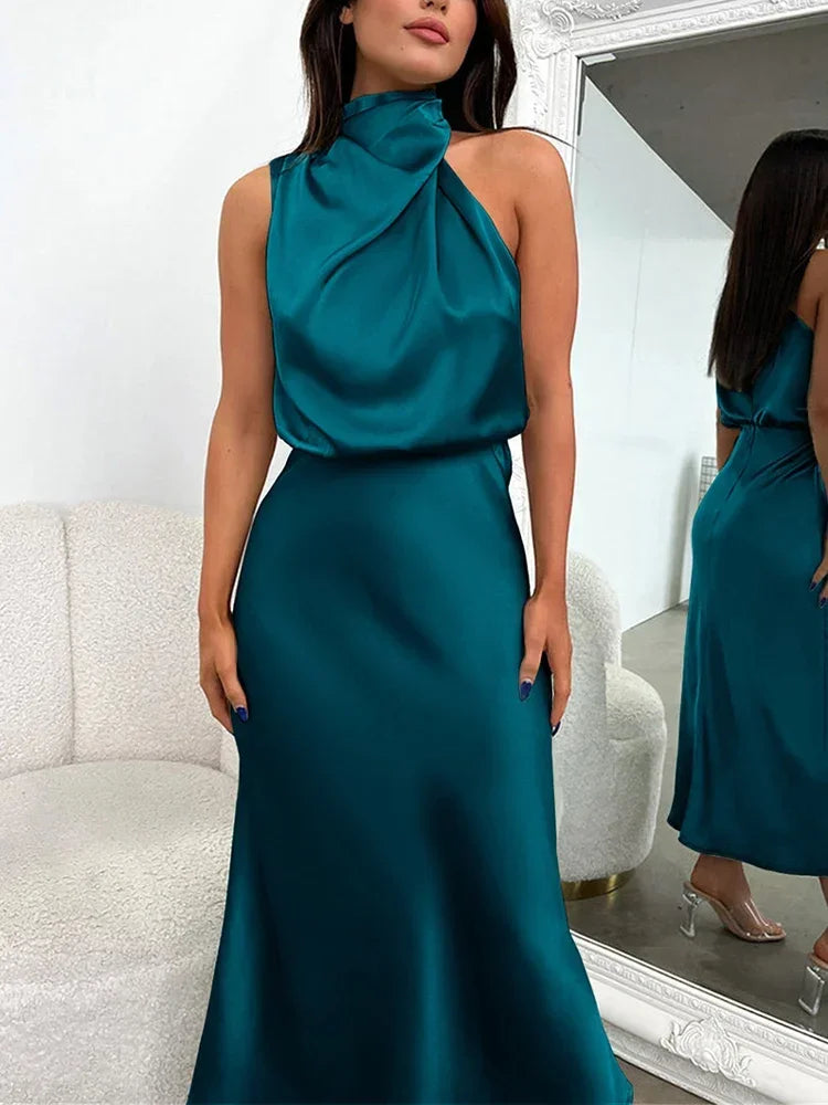 Summer High-End Silk Satin Sleeveless Long Dress Women Fashion Elegant Celebrity Dresses Evening Dress Party Clothes Ladies - Lootquake