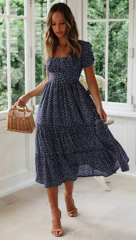 Summer Women Beach Sweet Dresses Vintage Vintage Print Puff Sleeve Casual Square Collar Floral Maxi Long Dress Festa Vestidos - Lootquake