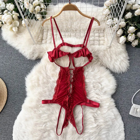 Red Christmas Sexy Lingerie Shawl Set Halter Jumpsuit Lace-up Cosplay Costume New In Women Clothes Skinny Bodysuit Suit Hotsweet - Lootquake