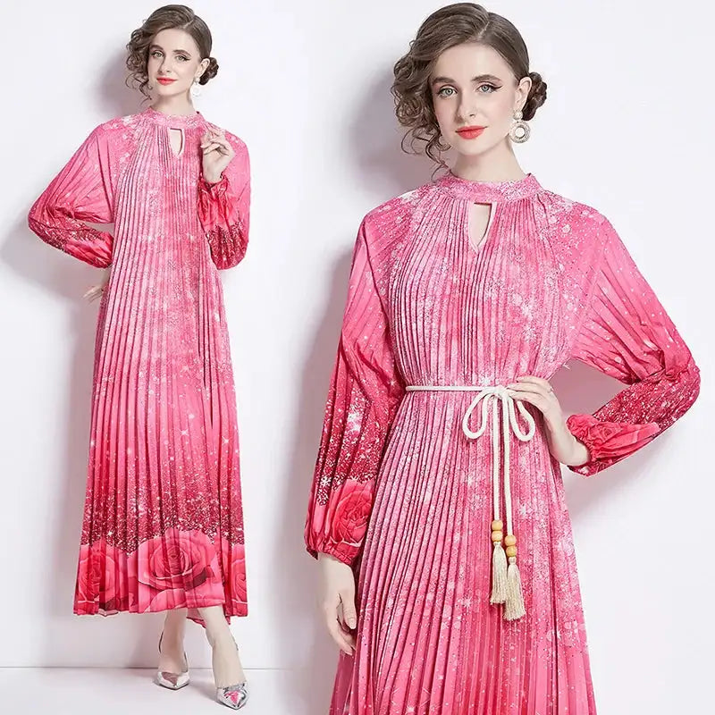 Spring Holiday Print Long Dress For Women Fashion Loose Lantern Sleeve Party Robe Female Big Swing Tassels Belt Pleated Clothes