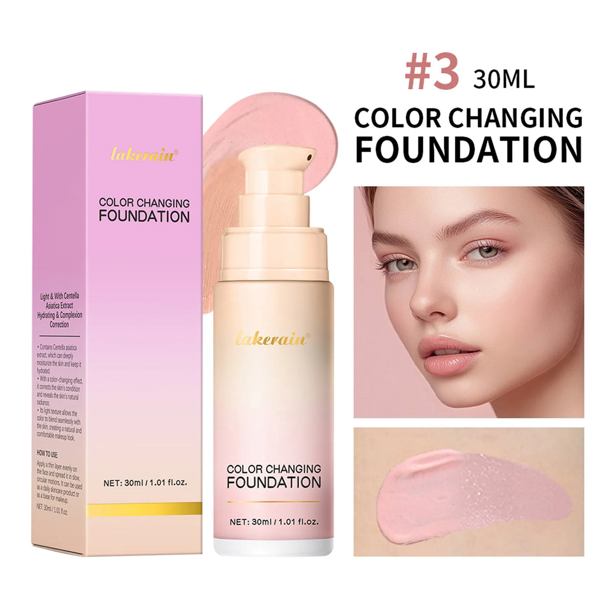 Base de maquillaje Lakerain que cambia de color CC Cream, base de maquillaje facial resistente al agua, base líquida, corrector impecable de larga duración.