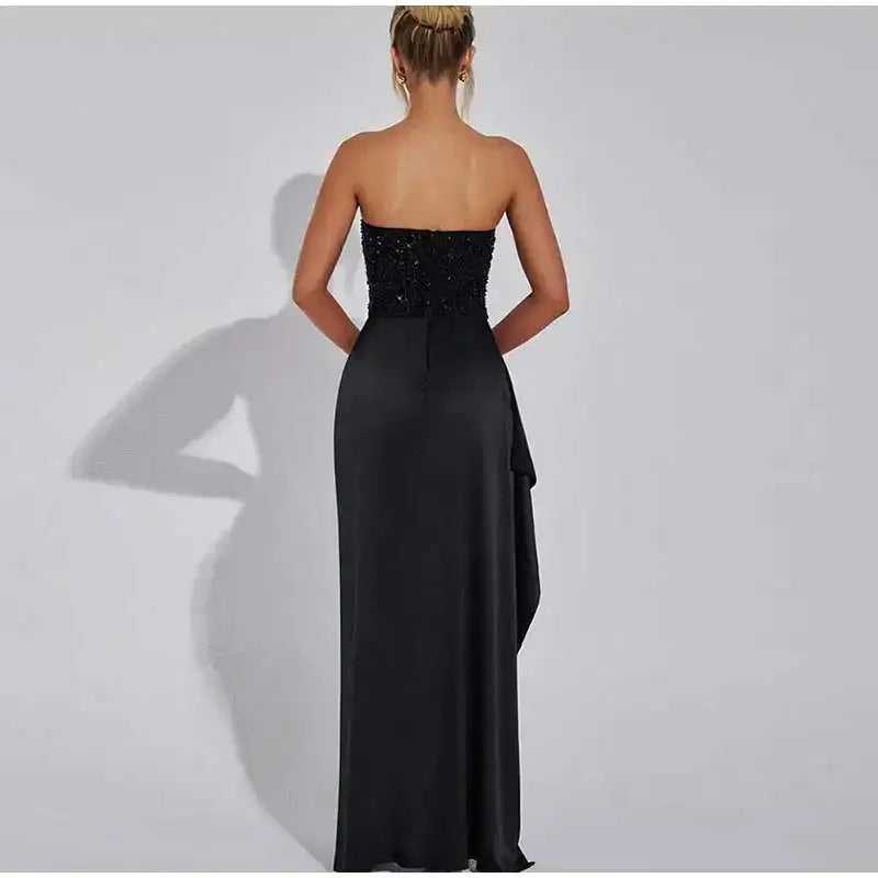 Satin Shiny Sequins Party Long Dress Women Sexy Strapless Sleeveless Backless High Split Dresses 2025 INS Lady Evening Gown - Lootquake