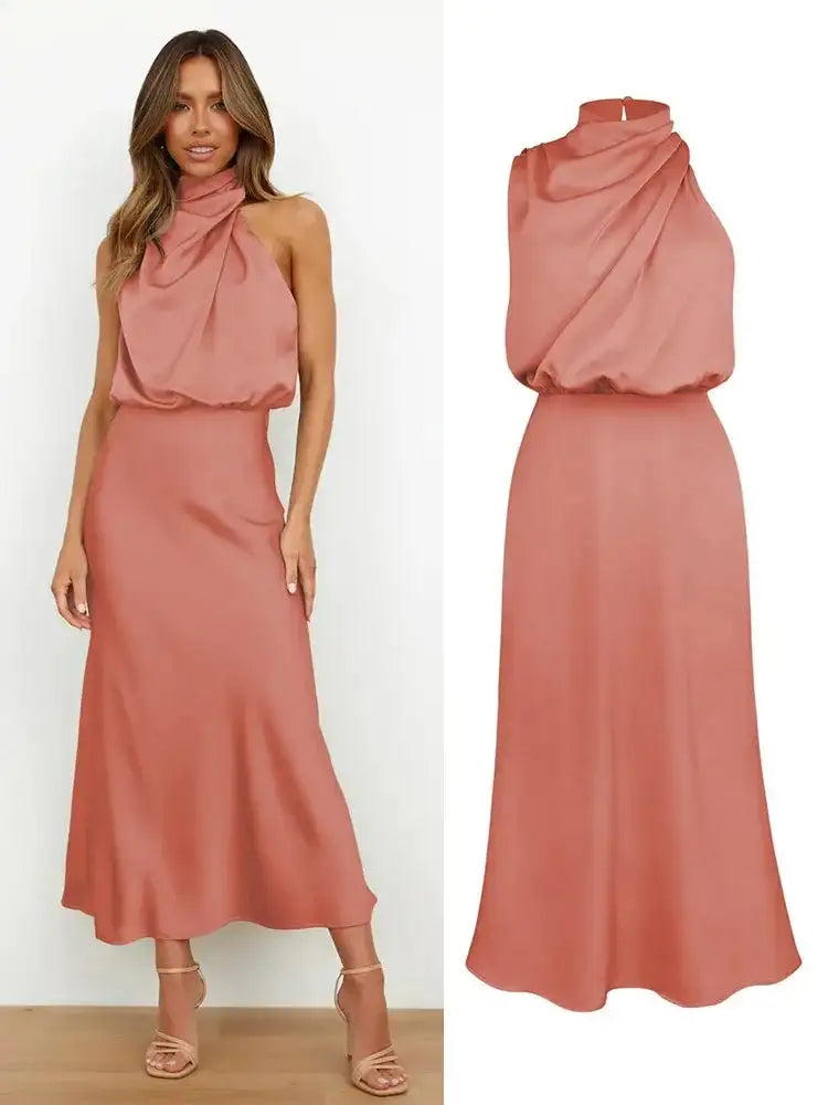 Vestido largo sin mangas de satén de seda de alta gama de verano para mujer, elegante vestido de noche para celebridades, ropa de fiesta para mujer