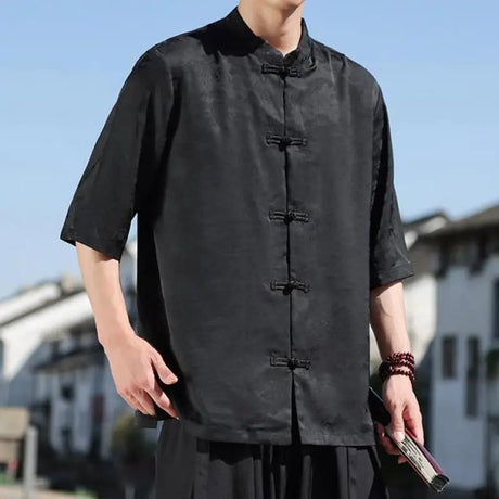 Plus Size Summer Mens Chinese Shirt Ice Silk Vintage Shirt Tang Suit Hanfu Tops Male Vintage Clothing Stand Collar Loose Shirts - Lootquake