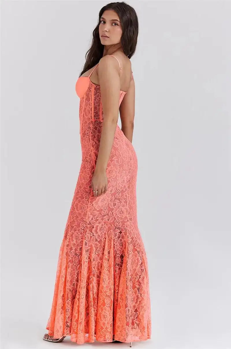 Mozision Floral Lace Sexy Maxi Dress For Women Orange Spaghetti Strap Sleeveless Backless Bodycon Club Party Long Dress Elegant - Lootquake