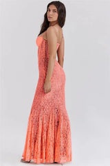 Mozision Floral Lace Sexy Maxi Dress For Women Orange Spaghetti Strap Sleeveless Backless Bodycon Club Party Long Dress Elegant - Lootquake