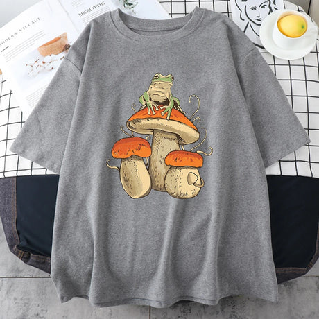 Cottagecore Aesthetic Mushroom Dark Academia Frog Funny T Shirt Men Casual Oversize Cotton Short Sleeve Street Hip Hop T-Shirts - Lootquake