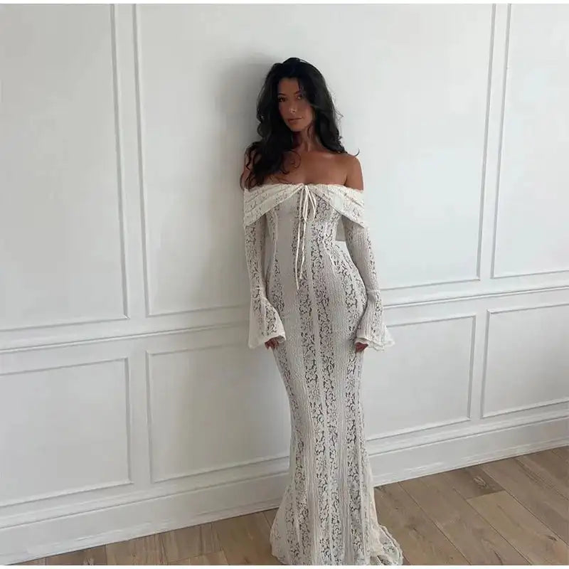 Vestido largo ajustado de encaje con un solo hombro y aberturas para mujer, liso, con cordones, sin cintura, elegante y sexy, para fiestas y citas, 2024