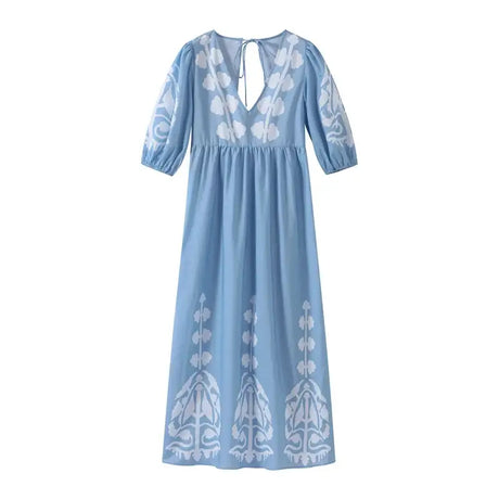 Elegant Print Half Puff Sleeve Dresses Women Loose V-neck Lace Up Backless Long Dress 2024 Summer New Ladies Chic Beach Robes - Lootquake